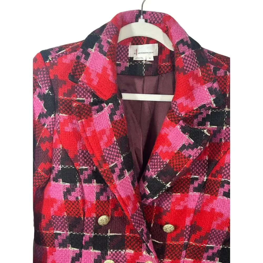 Anthropologie Exploded Plaid Tweed Blazer Medium Red Pink Gold Button Jacket